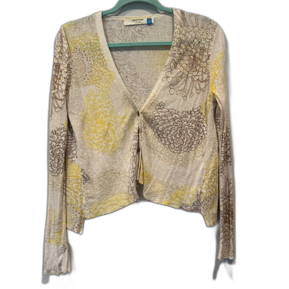 Anthropologie Cardigan Sweater Linen Cotton Floral Lightweight Women sz Medium
